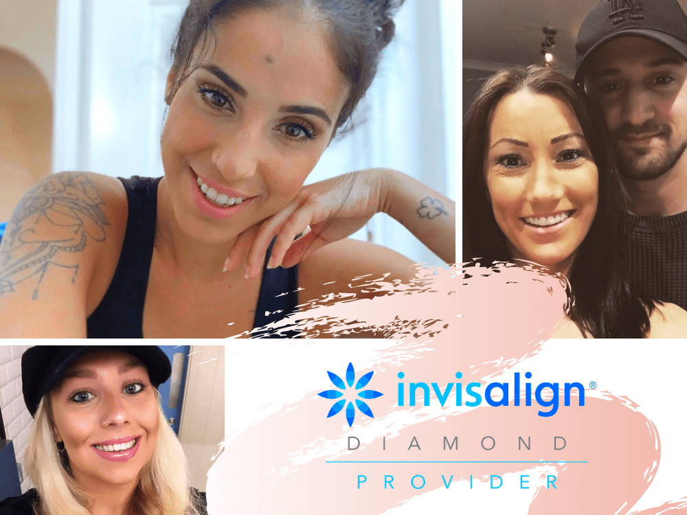 invisalign in poole dental on the banks patients looking straight ahead and smiling with the invisalign logo