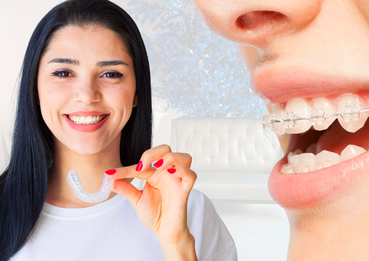 what are clear braces woman holding invisalign aligner and closeup of woman wearning clear braces